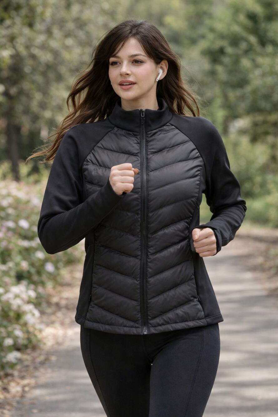 NWT AFZ Hybrid Down Jacket Womens Medium Black Lightweight Puffer Stretch